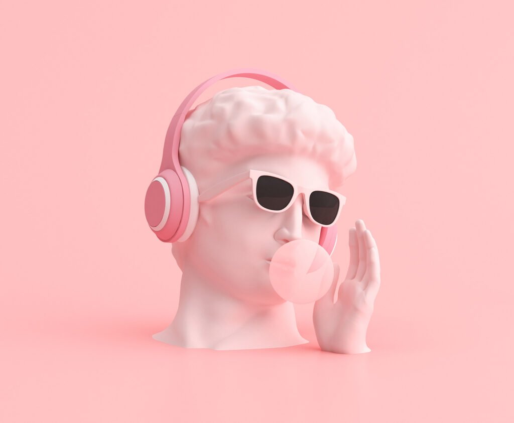 Visuel d'ambiance : buste à casque audio sur fond rose