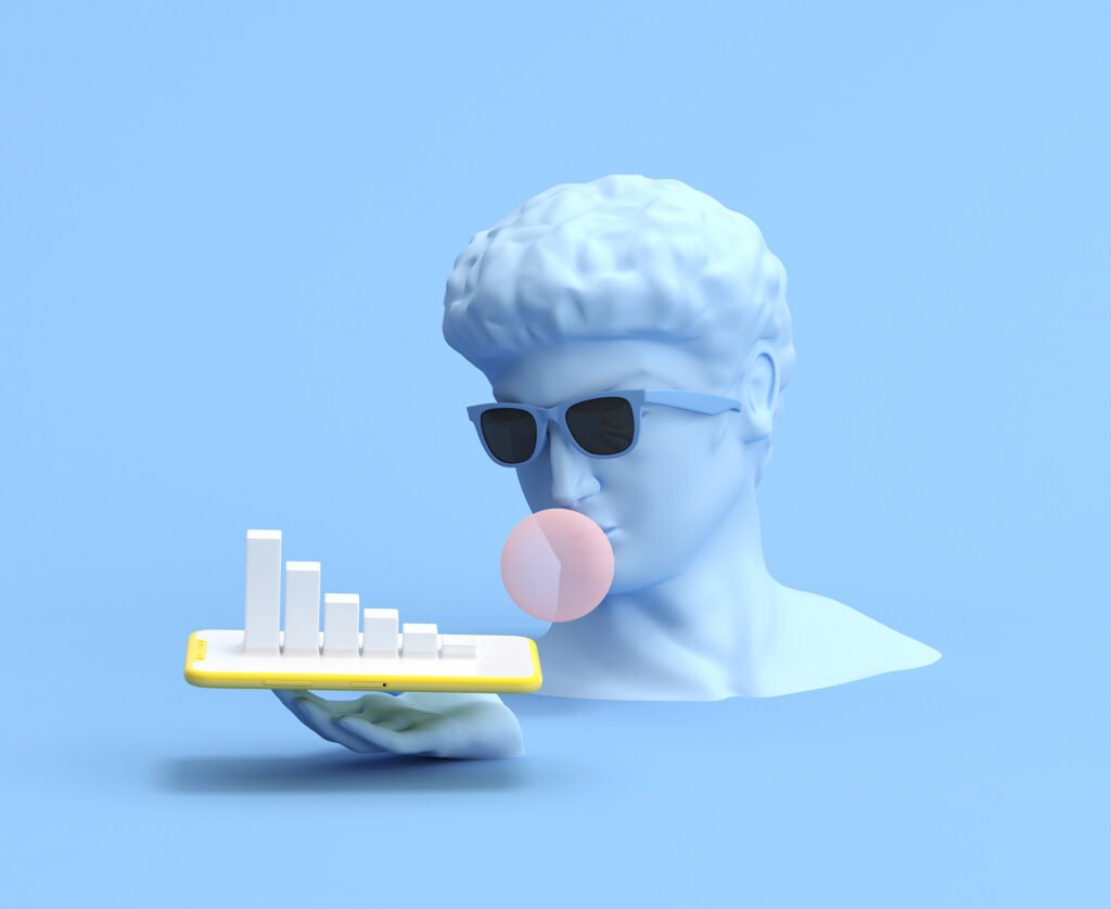 Buste antique à lunettes de soleil soufflant une bulle de chewing-gum devant un smartphone affichant un graphique en hausse