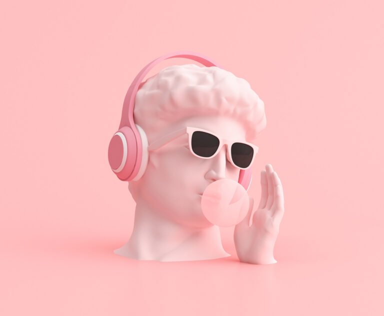 Visuel d'ambiance : buste à casque audio sur fond rose