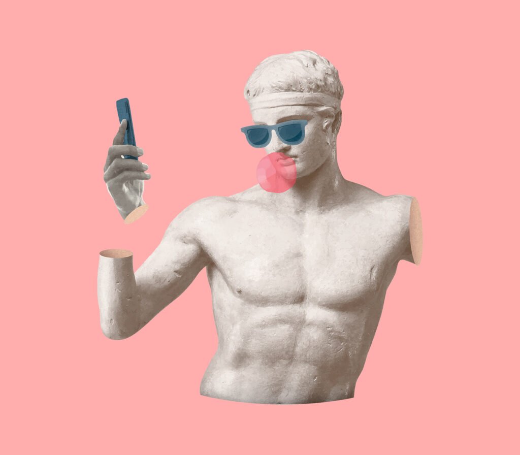 Statue antique à lunettes de soleil et chewing-gum tenant un smartphone sur fond rose, univers visuel pop de MédiArt