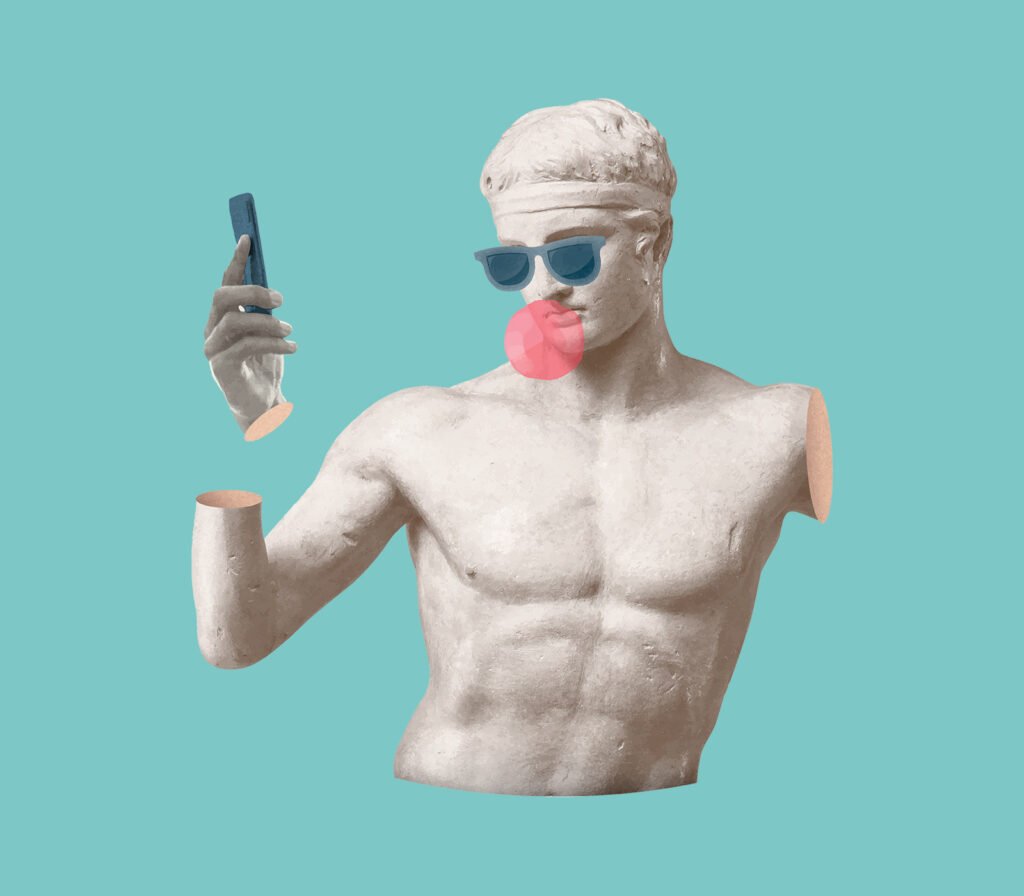 Statue antique à lunettes de soleil tenant un smartphone, univers visuel pop de MédiArt