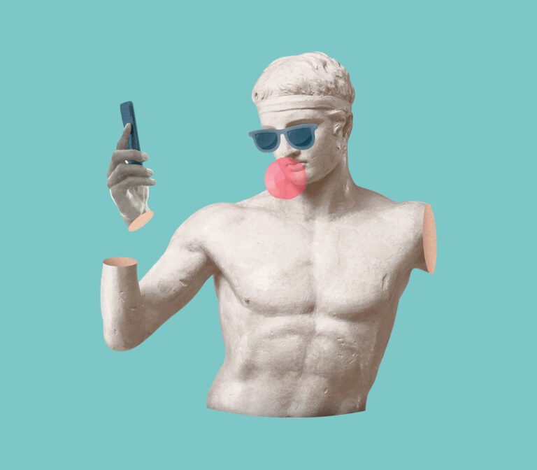 Statue antique à lunettes de soleil tenant un smartphone, univers visuel pop de MédiArt