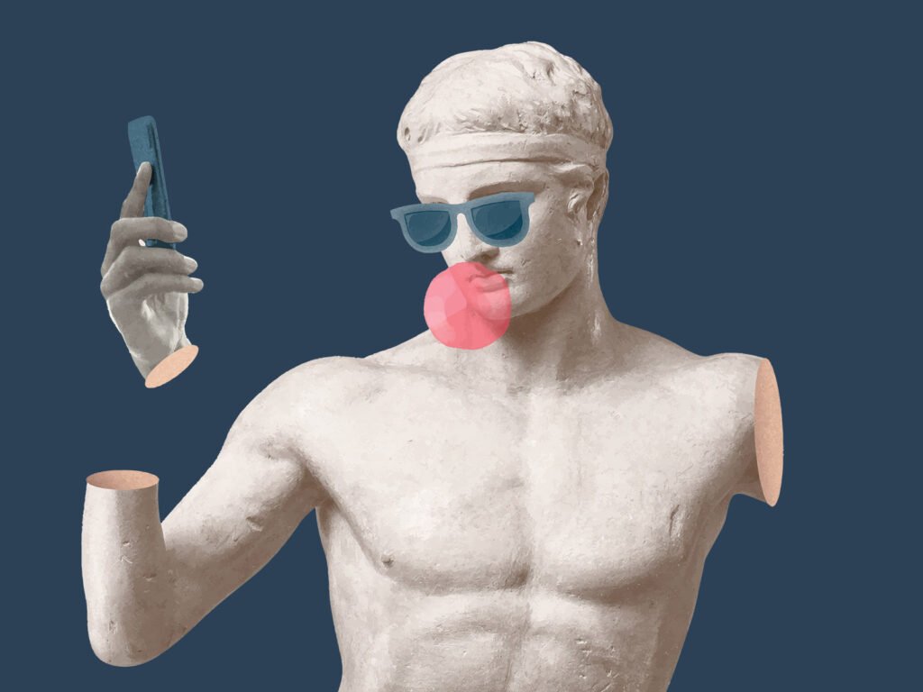 Statue antique à lunettes de soleil faisant une bulle de chewing-gum, univers visuel pop de MédiArt