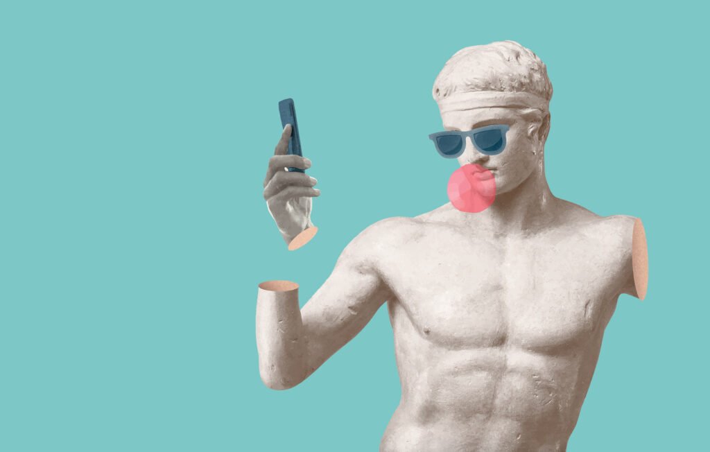Visuel d'ambiance : statue antique à lunettes de soleil sur fond turquoise