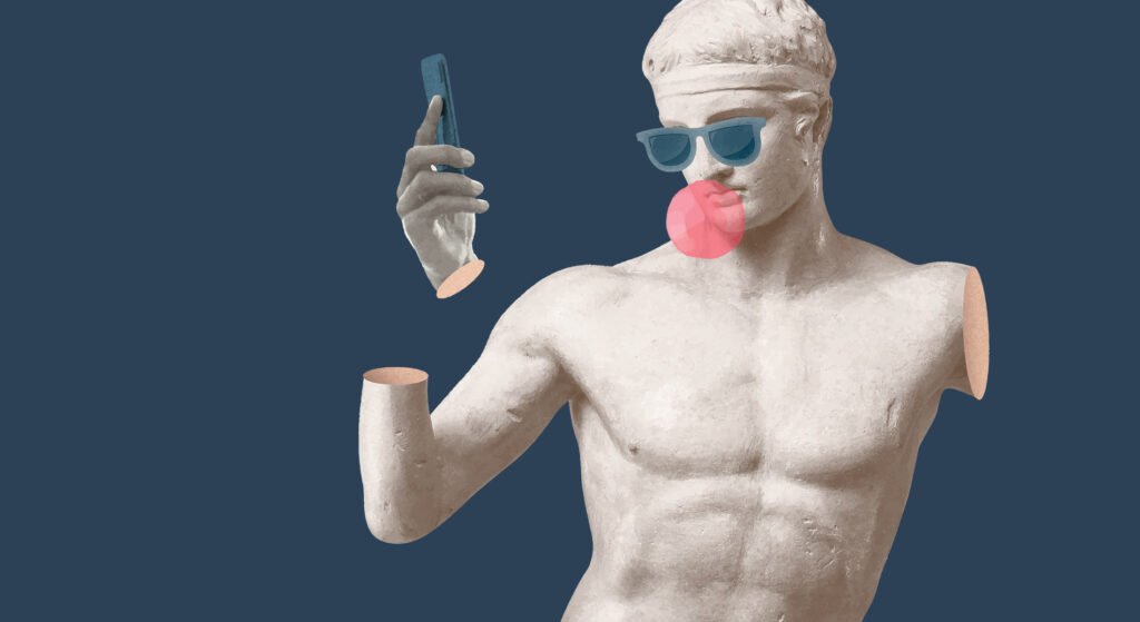 Statue antique à lunettes de soleil prenant un selfie avec un smartphone, univers visuel pop de MédiArt