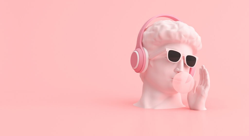 Visuel d'ambiance : buste à casque audio sur fond rose pâle