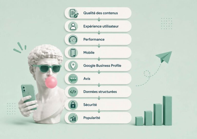 Illustration des principaux critères utilisés par Google pour améliorer la visibilité d'un site internet : qualité des contenus, expérience utilisateur, SEO local, Google Business Profile, sécurité et données structurées.
