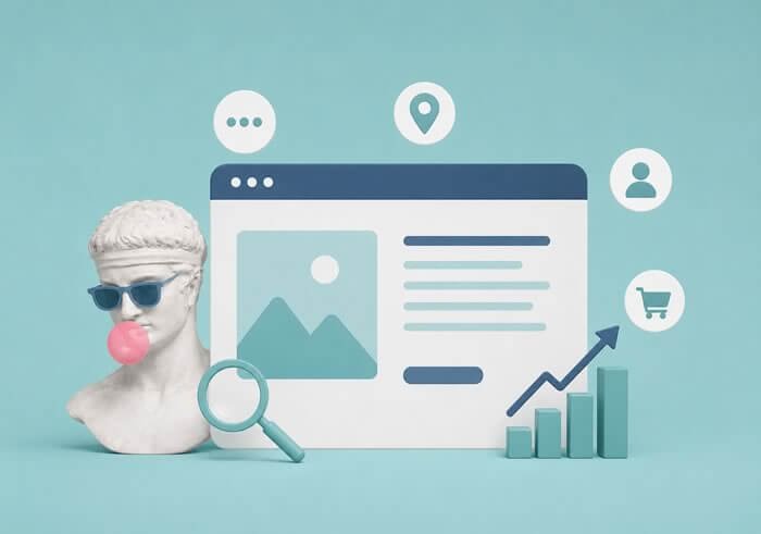 Illustration représentant un site internet professionnel optimisé pour améliorer la visibilité sur Google, attirer de nouveaux clients et développer une entreprise locale.