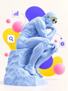 Illustration 3D du Penseur de Rodin revisitée dans un style pop moderne, évoquant la réflexion et les technologies numériques.