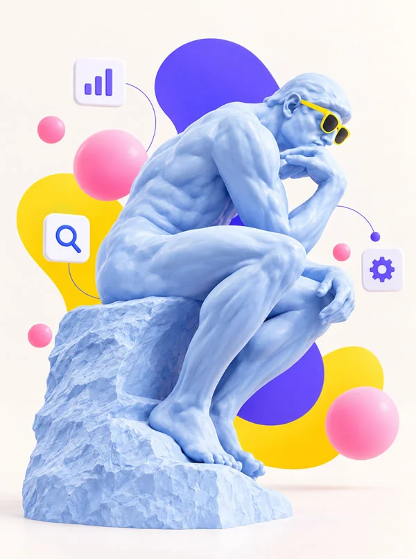 Illustration 3D du Penseur de Rodin revisitée dans un style pop moderne, évoquant la réflexion et les technologies numériques.