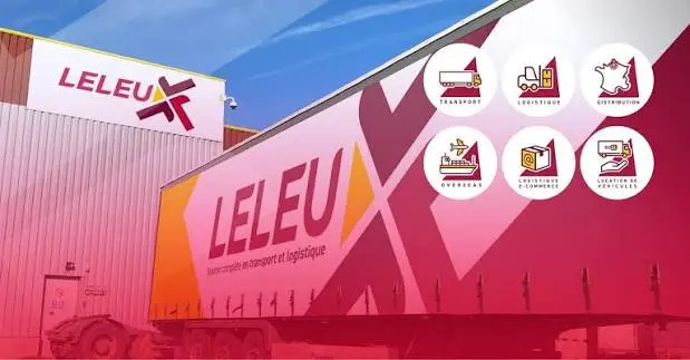 Entrepôt et semi-remorque Leleu avec les six pictogrammes des métiers : transport, logistique, distribution, overseas, logistique e-commerce, location de véhicules