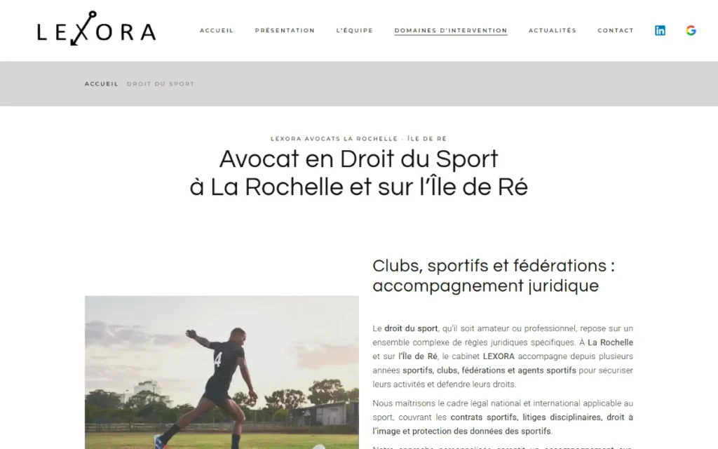 Page « Avocat en droit du sport à La Rochelle et sur l'Île de Ré » du site Lexora