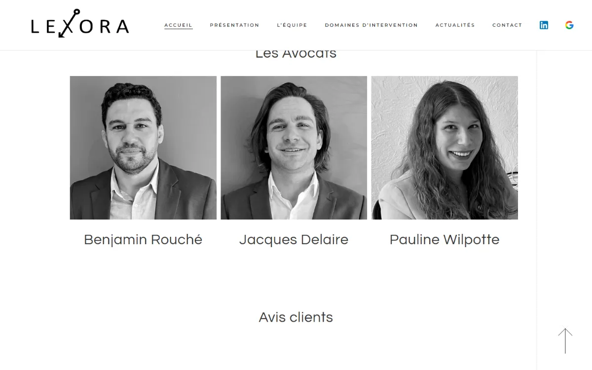 Section « Les avocats » du site Lexora : portraits de Benjamin Rouché, Jacques Delaire et Pauline Wilpotte