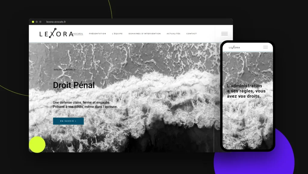 Site internet du cabinet Lexora Avocats affiché sur ordinateur et sur mobile, réalisé par MédiArt