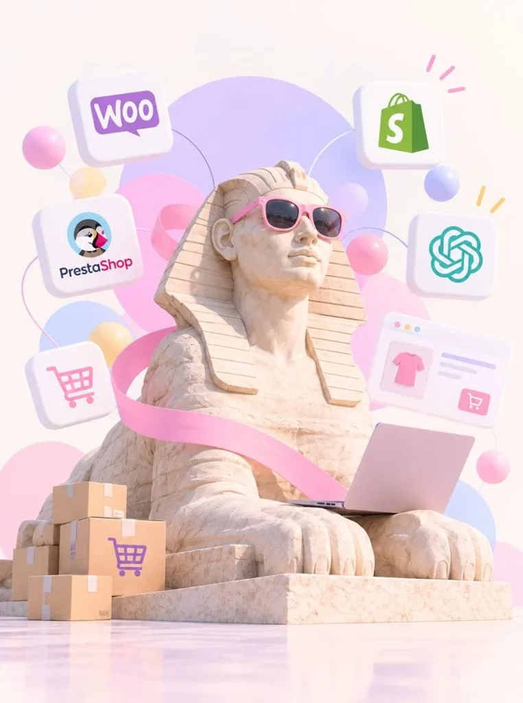Illustration 3D pastel du Sphinx de Gizeh entouré d’outils e-commerce, de boutiques en ligne et de technologies web.
