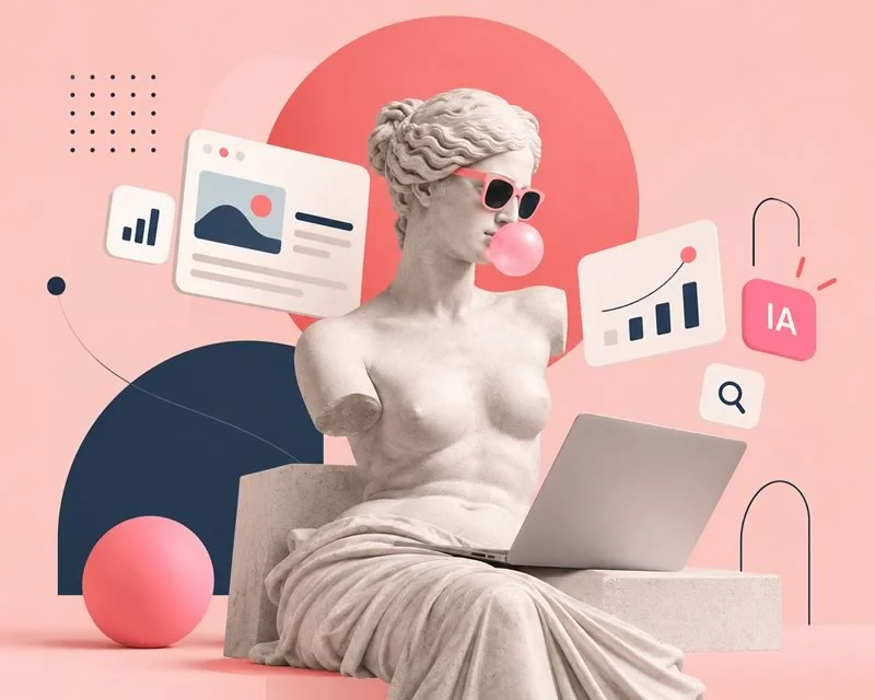 Illustration 3D surréaliste d’une Vénus en marbre devant un ordinateur portable, symbolisant la création web et le marketing digital.