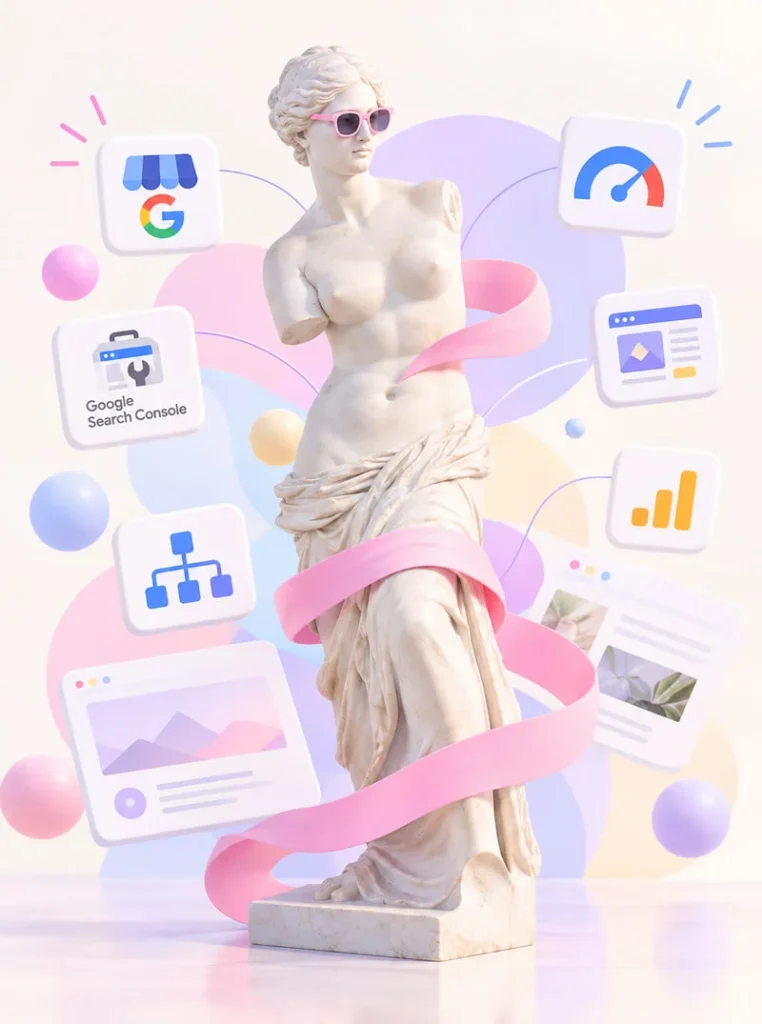 Illustration 3D de la Vénus de Milo entourée d’outils de création de site vitrine, de référencement et d’analyse de performance web.