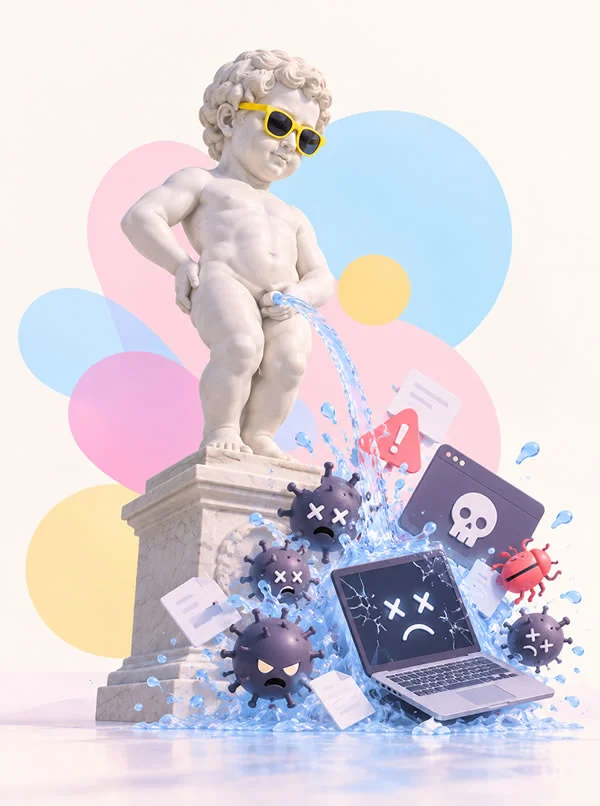 Illustration 3D humoristique du Manneken Pis neutralisant des virus informatiques et un ordinateur en panne.