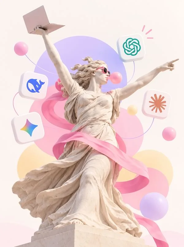 Illustration 3D pop de La Mère-Patrie, statue monumentale revisitée avec un ordinateur portable et des symboles d’intelligence artificielle.