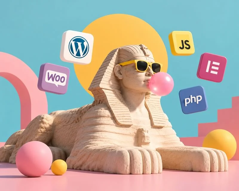Illustration 3D du Sphinx égyptien devant un ordinateur portable, dans un univers graphique dédié au numérique.