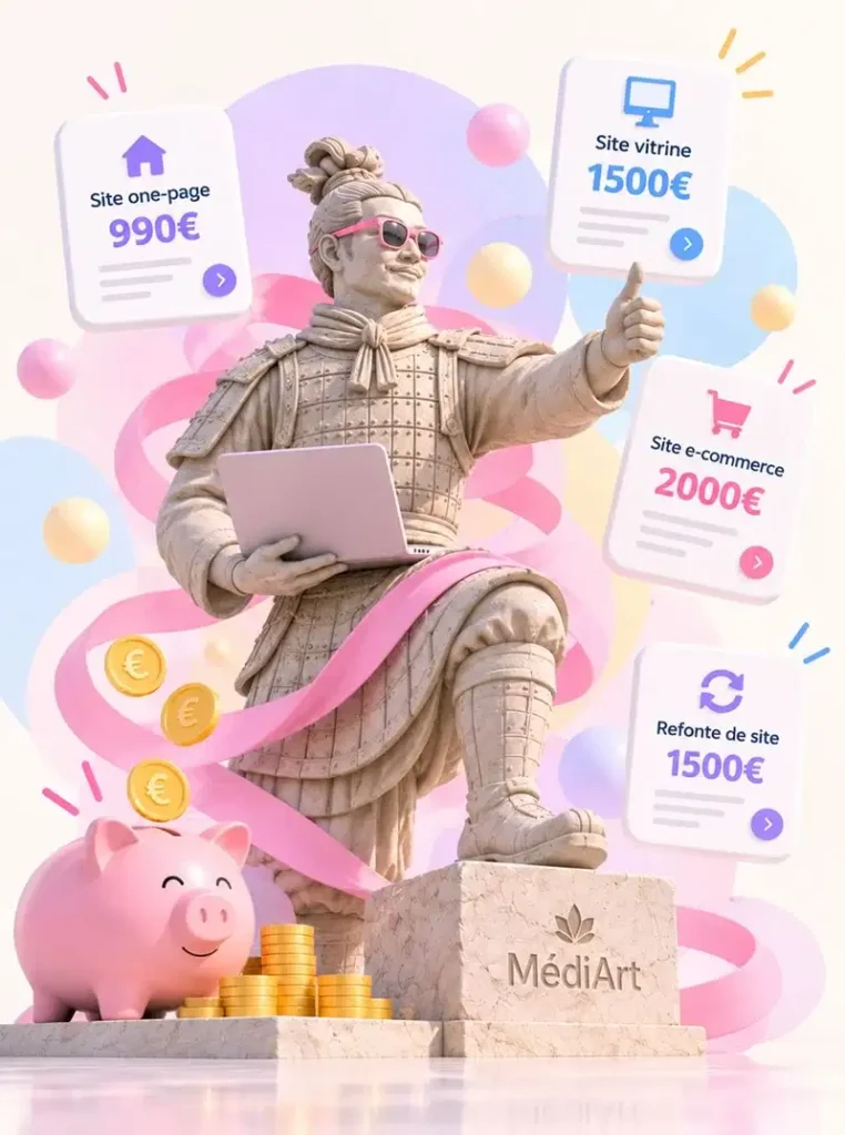 Illustration 3D pop d’un guerrier chinois en terre cuite entouré de cartes présentant les tarifs de création de sites internet MédiArt.