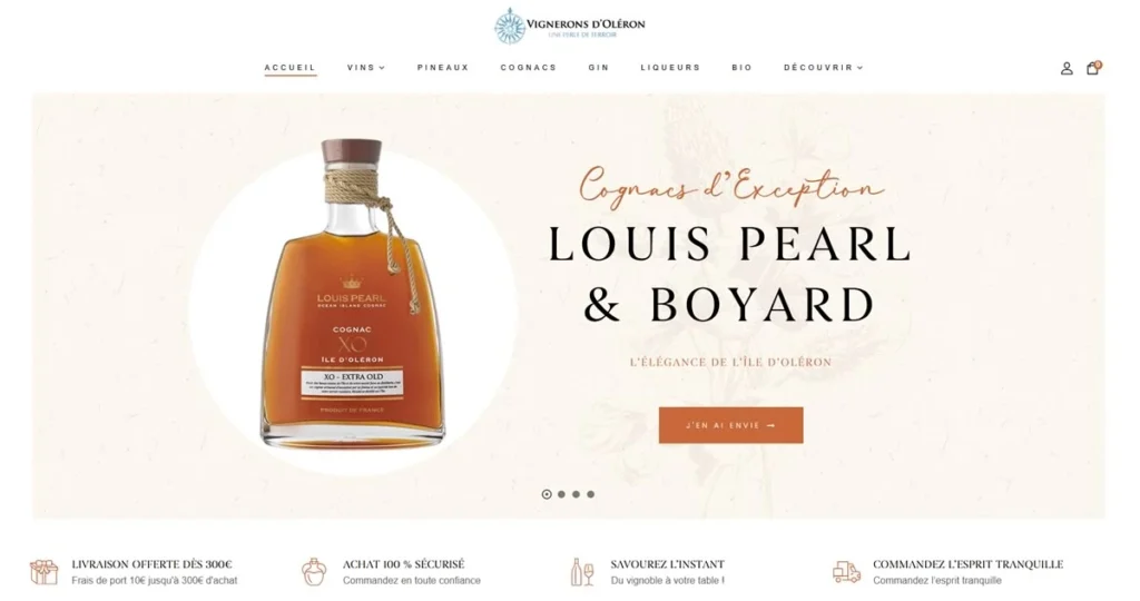 Page d’accueil de la boutique en ligne Vignerons d’Oléron : cognac Louis Pearl et Boyard