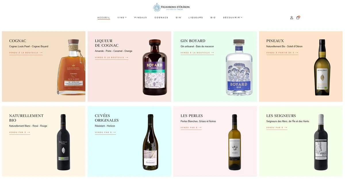 Page des gammes de la boutique Vignerons d’Oléron : cognac, liqueur, gin Boyard, pineaux, vins bio et cuvées