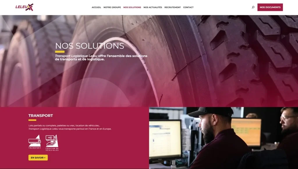 Page Nos solutions du site Leleu : présentation du métier transport, lots complets et location de véhicules
