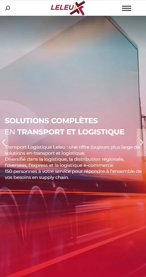 Site internet Leleu Transports et Logistique affiché sur mobile, menu et message d’accueil