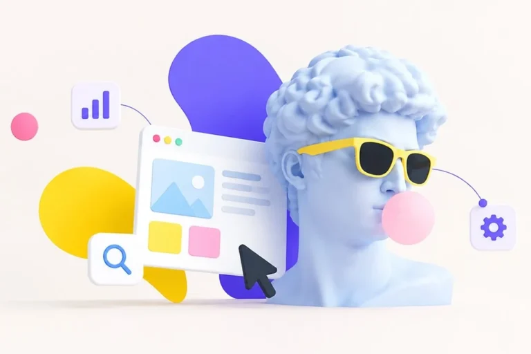 Illustration 3D pop d’un buste antique à lunettes de soleil entouré d’éléments d’interface web, symbole de la refonte d’un site internet par MédiArt